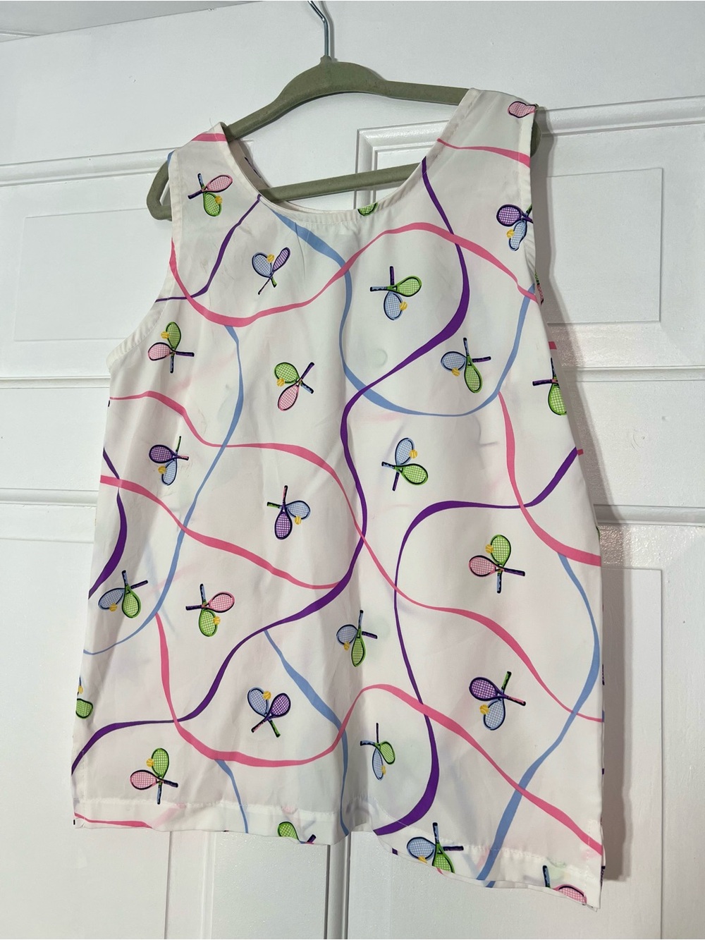Vintage Wimbledon Kids White Sleeveless  Top with Tennis Rackets Pink Blue